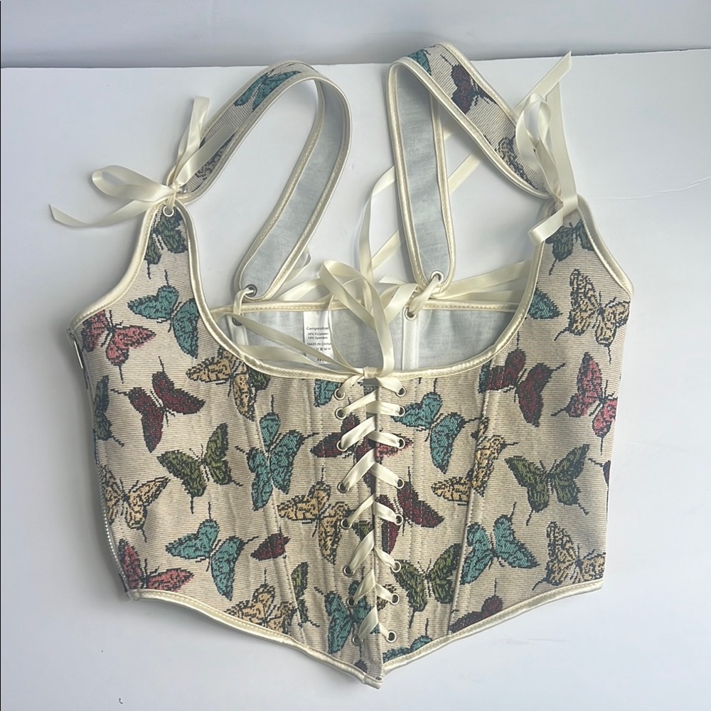 Butterfly Print Lace-Up Corset Top